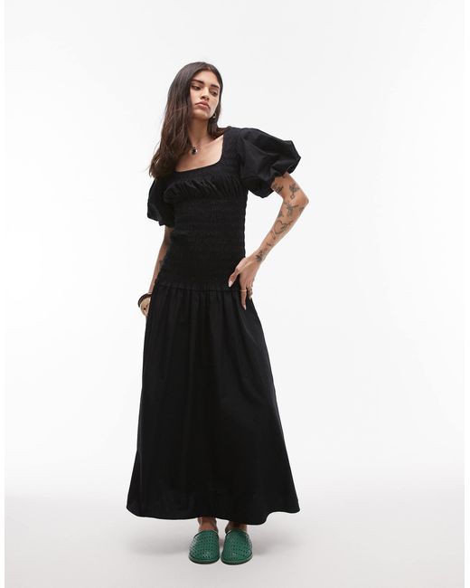 Robe mi-longue froncée à encolure carrée et manches bouffantes - noir TOPSHOP en coloris Black