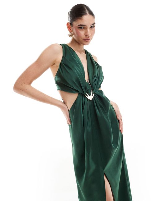 ASOS Green Satin Plunge Front Maxi Dress With Buckle