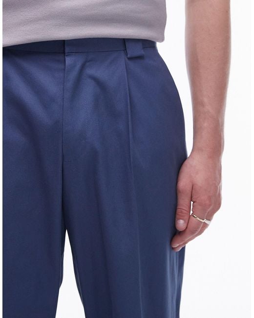 Topman Blue Smart Compact Cotton Wide Leg Trouser for men