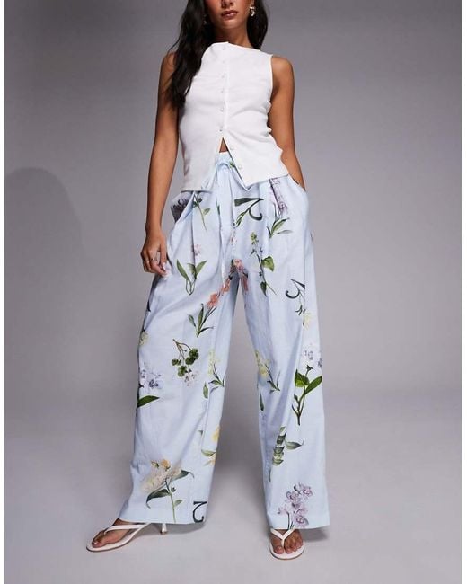 River Island Blue Linen Floral Wide Leg Trousers