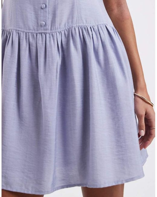 Brave Soul Blue Slash Neck Button Down Dropped Waist Mini Dress