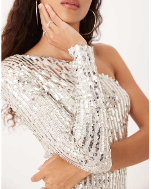 True Decadence Natural Sequin Asymmetric Sleeve Side Split Maxi Dress