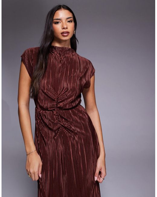 ASOS Purple Plisse High Neck Ruched Detail Midi Dress