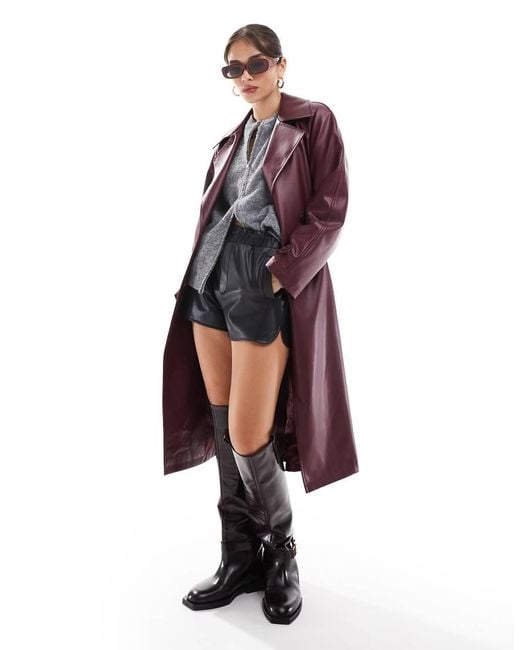 Stradivarius Red Leather Look Trench Coat