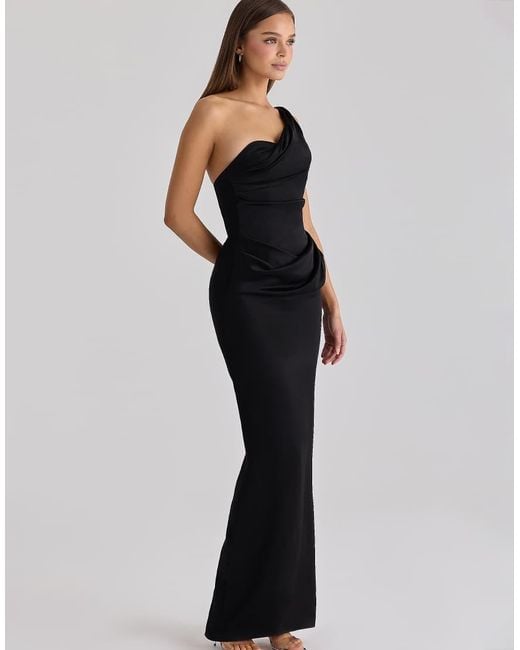 House Of Cb Black Caprice Satin One Shoulder Maxi Dress