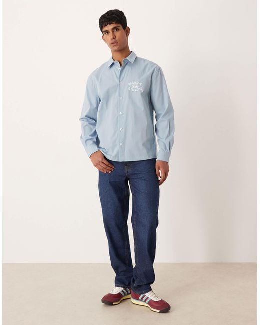 ASOS Blue Relaxed Shirt With Chest And Back Embroidery for men
