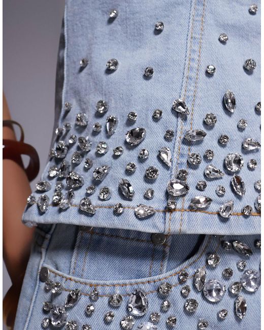 Liquor N Poker Gray Denim Crop Top With Diamante