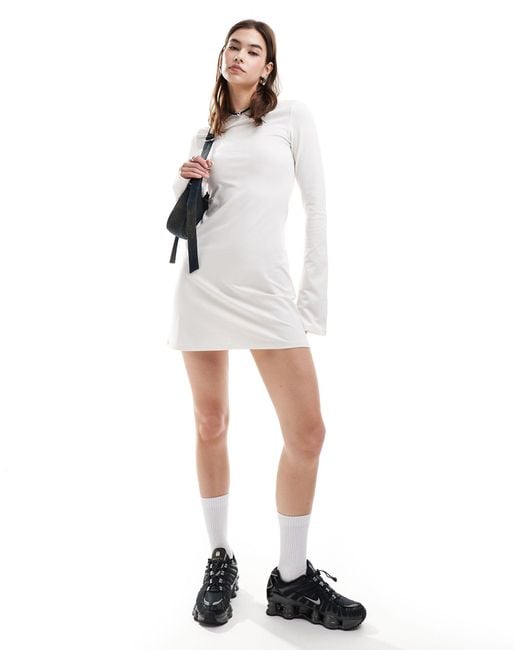 Weekday White Serena Boat Neck Long Sleeve Mini Dress With Trumpet Sleeves
