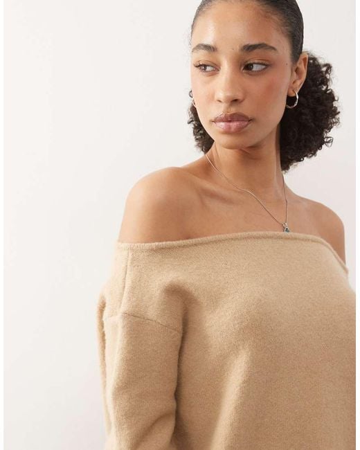 Monki Natural Relaxed Off Shoulder Knitted Jumper