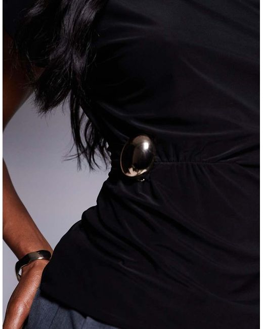 Fashionkilla Black Double Sculpted Slinky Metal Detail Ruched Side T-shirt