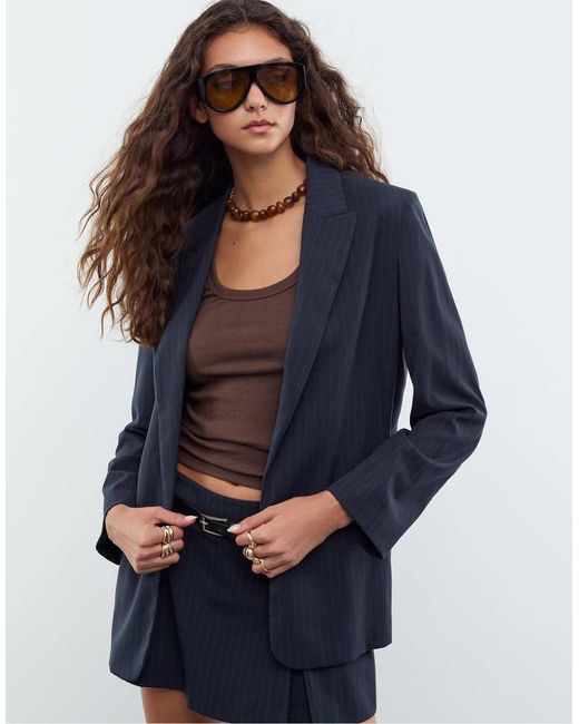 Stradivarius Blue Smart Striped Mini Skort With Belt