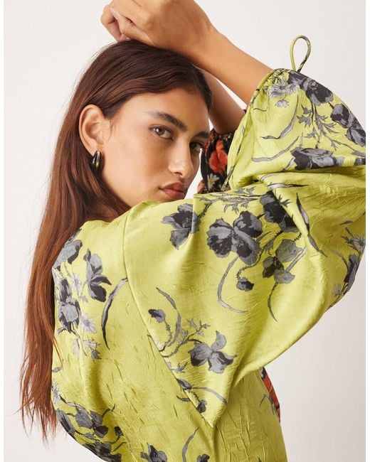 ARRANGE Multicolor Crinkle Satin Long Sleeve Maxi Dress With Trim