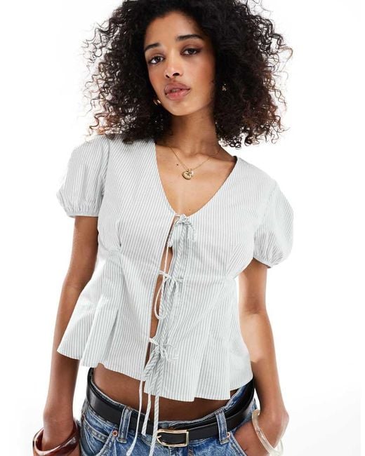 ASOS White Tie Front Puff Sleeve Top