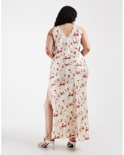 ASOS White Asos Design Curve V Neck Lace Matt Satin Maxi Dress