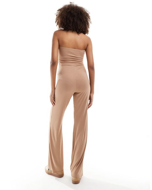 ASOS Natural Bandeau Button Front Ribbed Jumpsuit With Princess Seams