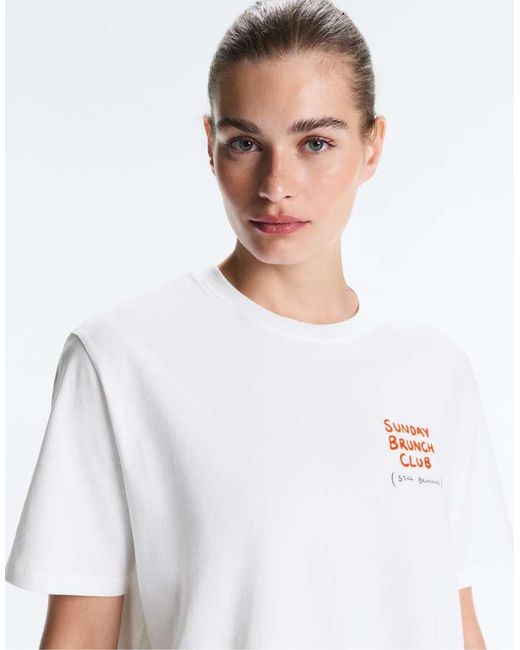 Oysho White Cotton Blend Sunday Brunch Club T-shirt