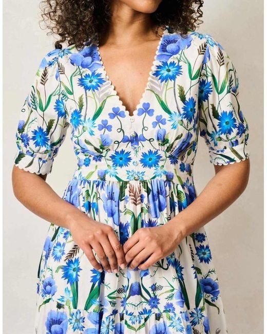 Hope & Ivy Blue The Erica V-Neck Full-Skirt Tea Dress With Puff Sleeves