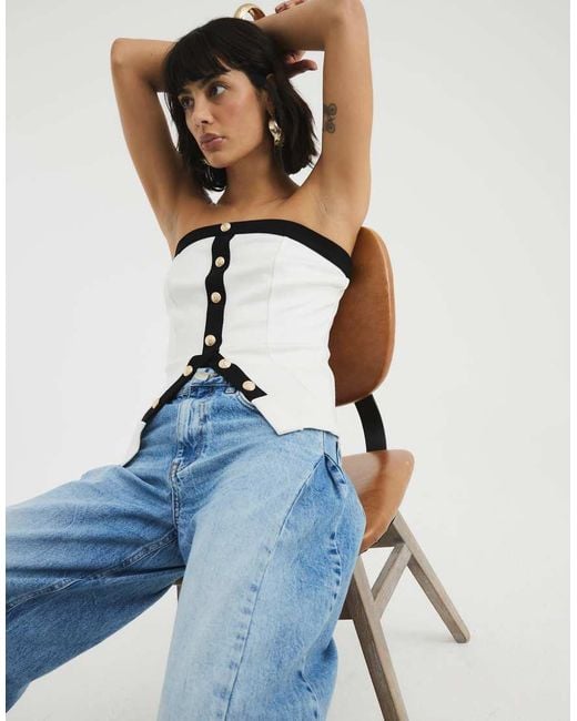 River Island Blue Bandeau Monochrome Button Top