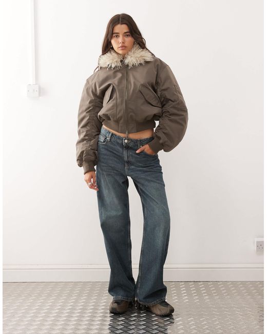Weekday Brown Bomber Jacket With Faux Fur Collar