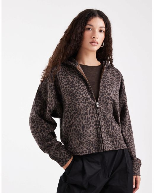 Hollister Black – kapuzenjacke mit leopardenmuster, reißverschluss und minilogo