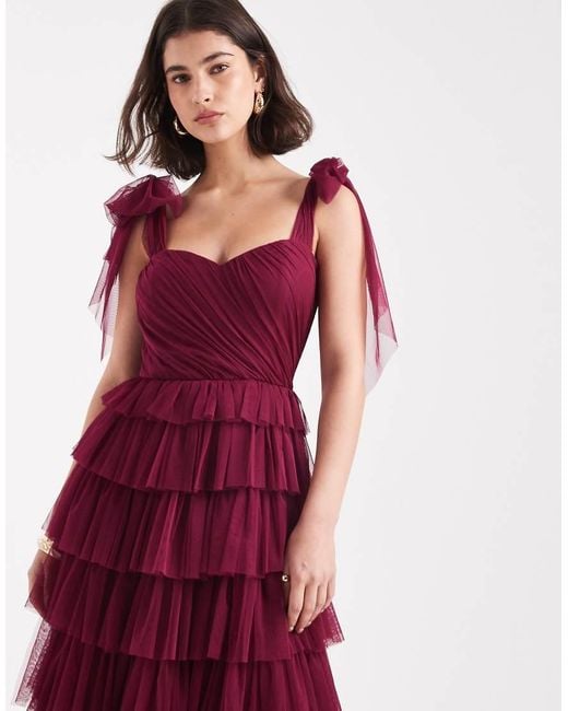 LACE & BEADS Red Bridesmaid Bow Shoulder Tulle Maxi Dress