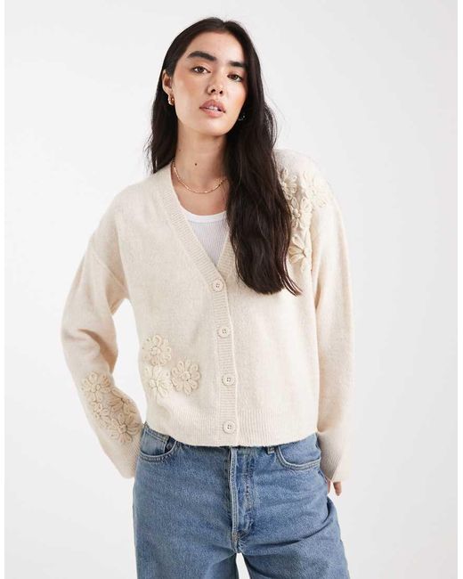 Brave Soul White V-neck Cardigan With Flower Embroidered Detail