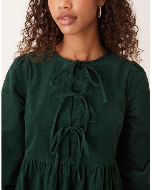 Nobody's Child Green Eden Cord Triple Bow Smock Mini Dress