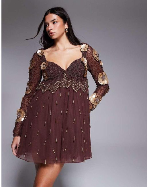 ASOS Purple Embellished Dropped Pearl Mini Dress With 3D Flowers