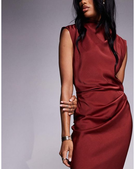ASOS Red Asos Design Tall Satin High Neck Pleated Bodice Midi Dress