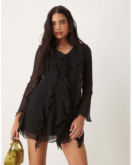 New Look Natural Ruffle Chiffon Long Sleeve Mini Dress