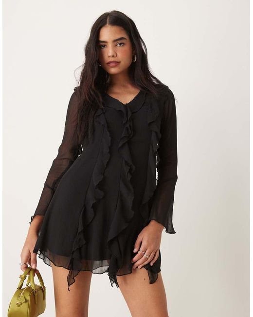 sachin and babi light blue dress Long sleeve velvet and chiffon mix mini dress with shoulder pads in black