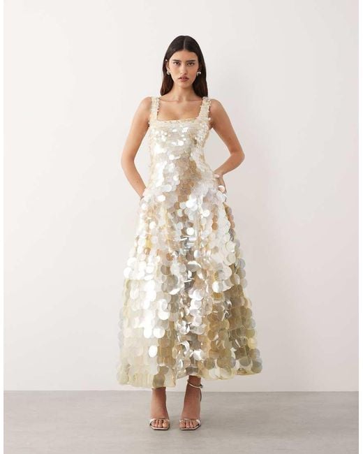 ARRANGE Natural Embellished Disc Sequin Square Neck Full Skirt Midi Dress