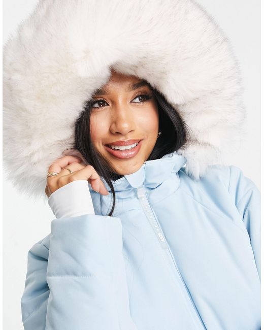 ASOS 4505 Petite ski belted jacket with faux fur hood-Blue