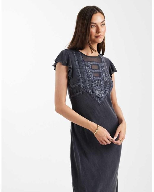 ASOS Blue Asos Design Tall High Neck Maxi Dress With Frill Sleeve And Lace Inserts
