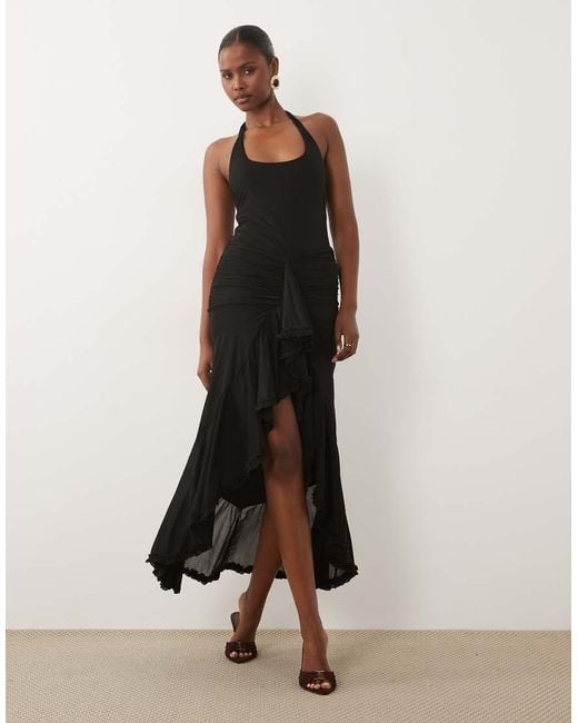 Missy Empire Black Double Sculpted Slinky Scoop Halterneck Ruffle High Low Detail Maxi Dress