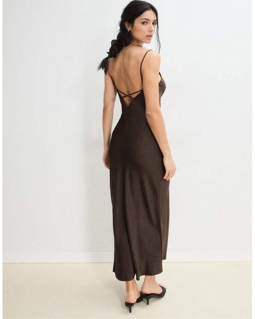 Stradivarius Brown Satin Midi Dress