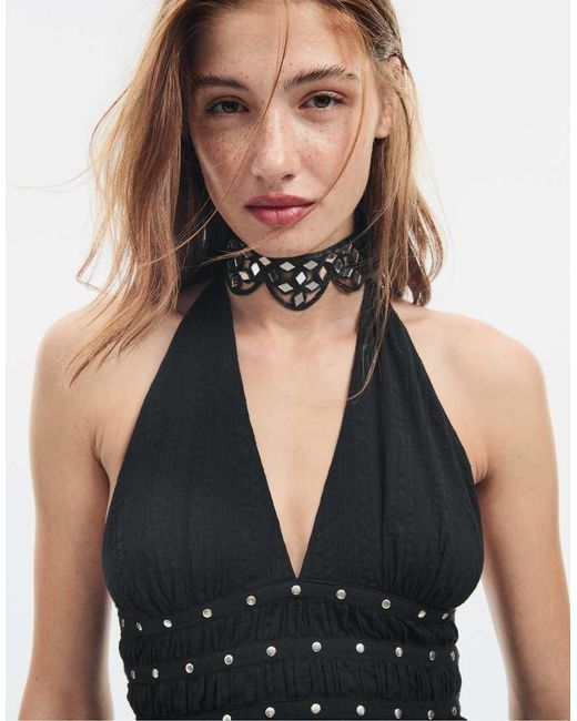 Stradivarius Black Studded Halter Top