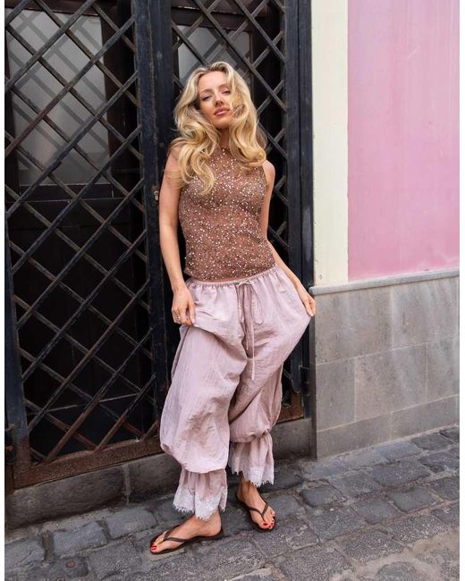 Daisy Street Pink X Emma Jean Boho Balloon Trouser With Lace