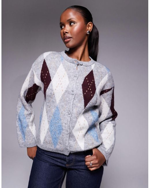 River Island Gray Argyle Pattern Cardigan