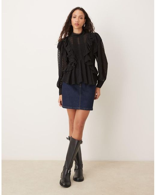ASOS Black Ruffle And Embroidery Detail Long Sleeve Blouse