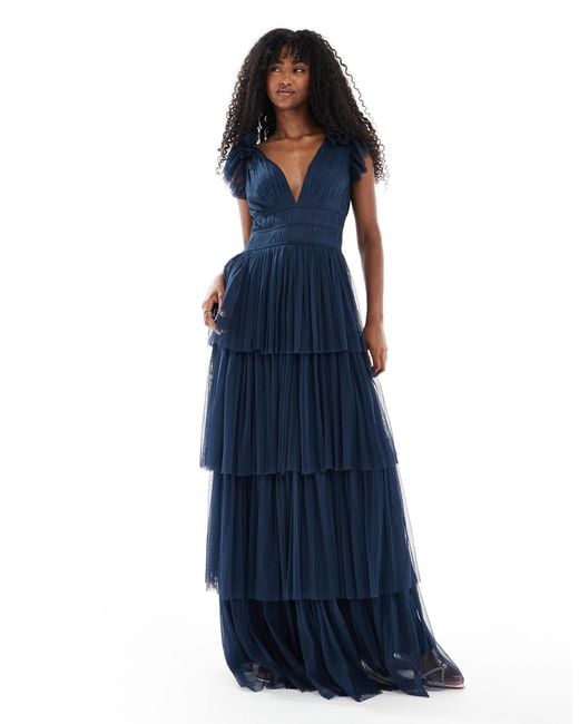 LACE BEADS Women's Blue Bridesmaid Ruffle Tiered Tulle Maxi Dress