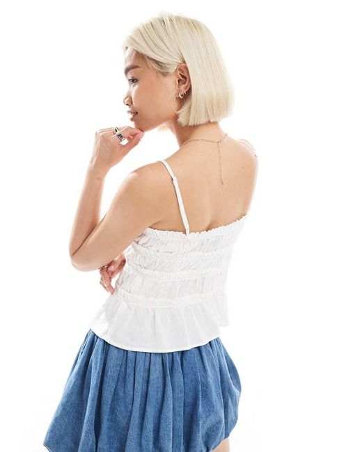 Vero Moda Blue Crinkle Cotton Shirred Detail Cami Top