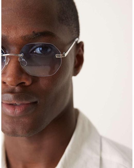 ASOS Brown Round Rimless Sunglasses With Blue Ombre Lenses And Temples for men