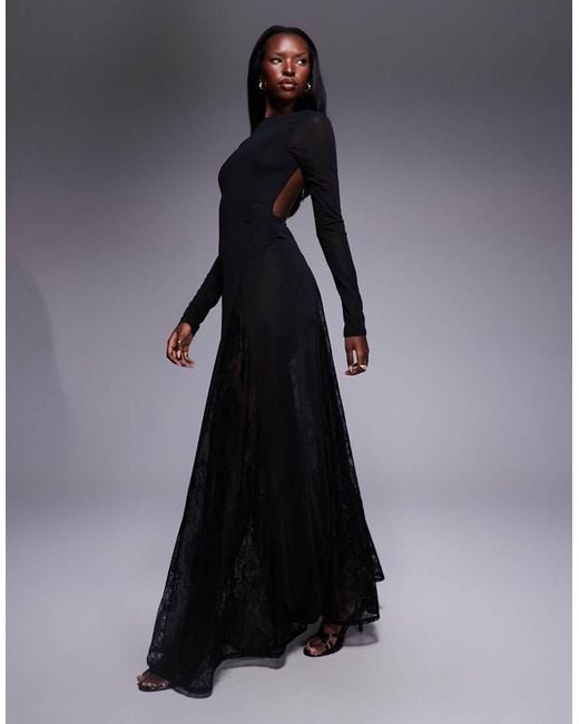 fantasy come true black lace satin lace-up maxi dress Long Satin Prom Dress with Lace-Up Sheer Corset Black / XSmall main image 0