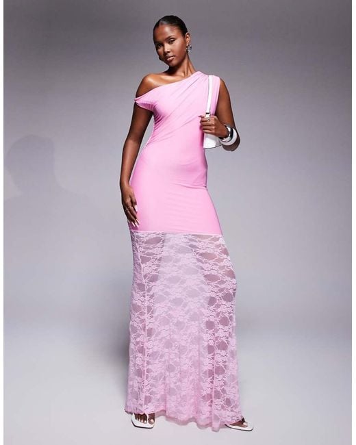 Kaiia Pink Exclusive Double Layered Slinky Twist Off Shoulder Asymmetric Sheer Lace Skirt Maxi Dress