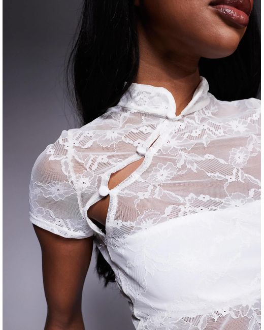 ASOS Gray Fitted Short Sleeve Lace Top With Rouleau Loop Buttons Detail