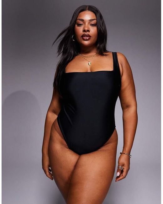 ASOS Black Asos Design Curve Revenge Sculpting Square Neck Swimsuit