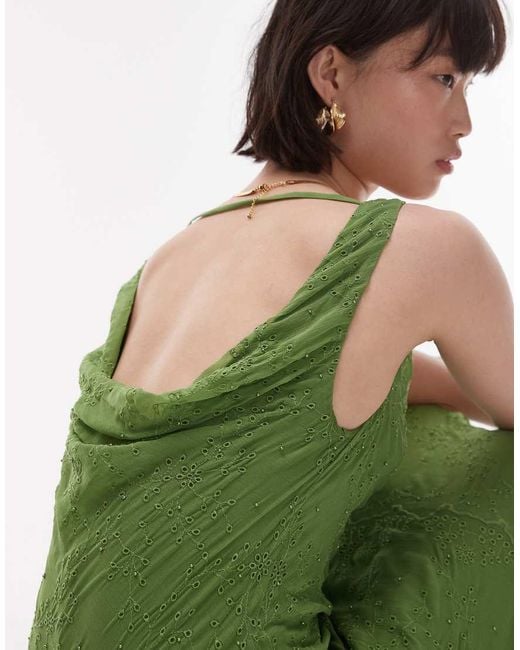TOPSHOP Green Premium Double Layered Cowl Slip Dress With Beading And Eyelet