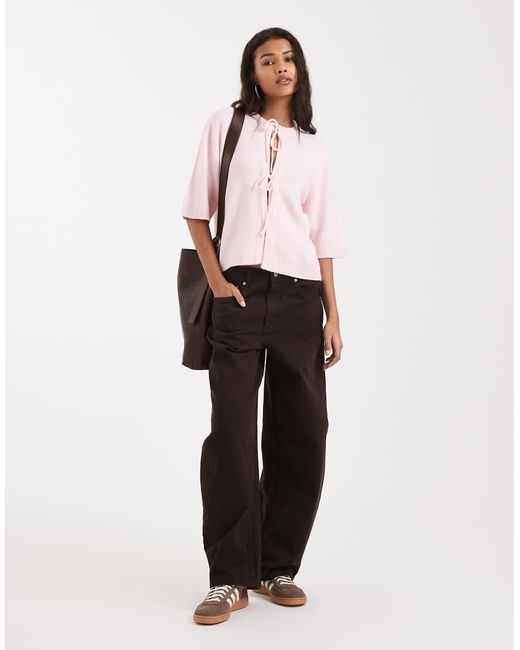 ONLY Pink Tie Front Short Sleeve Boxy Knitted Top