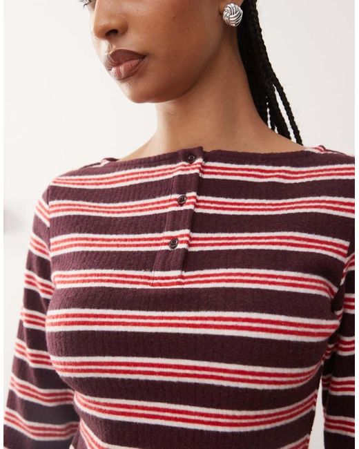 Reclaimed Vintage Red Henley Long Sleeve Top With Frill Hem Co-ord
